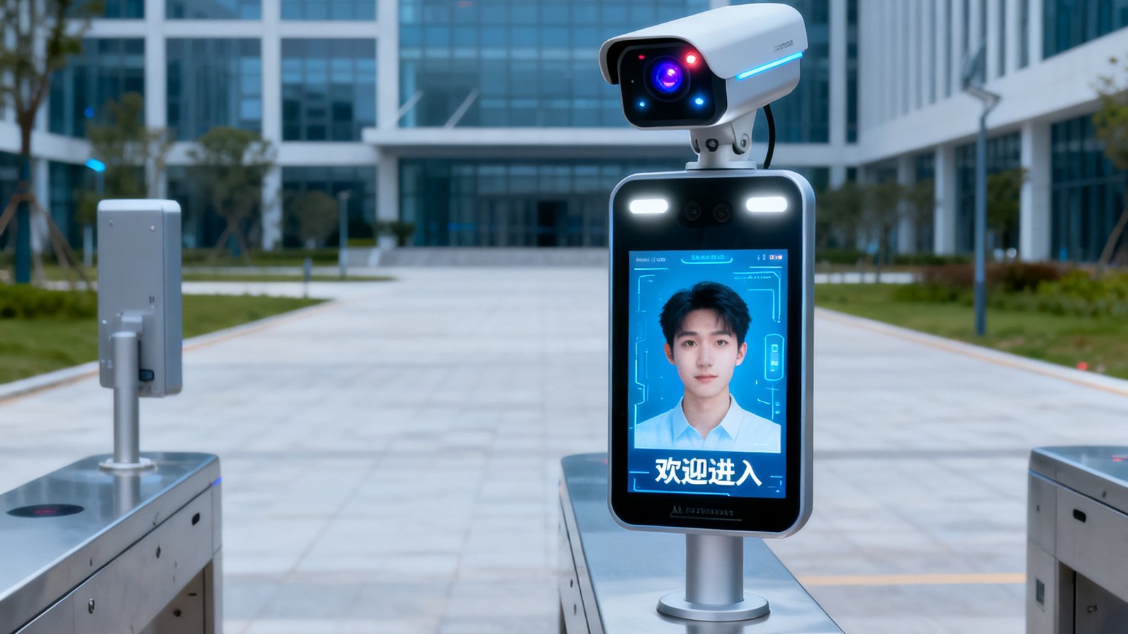 某大型科技园区安防改造后效果，出入口人脸闸机与AI监控摄像头协同工作