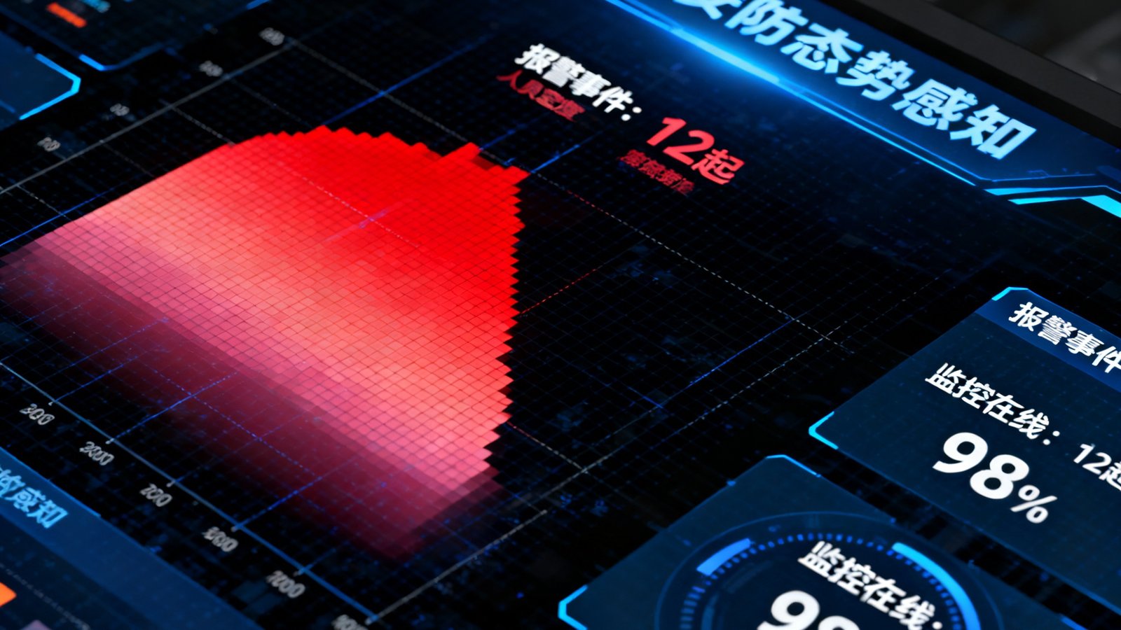 大数据可视化平台仪表盘，展示城市安防态势感知大屏含热力图和实时数据